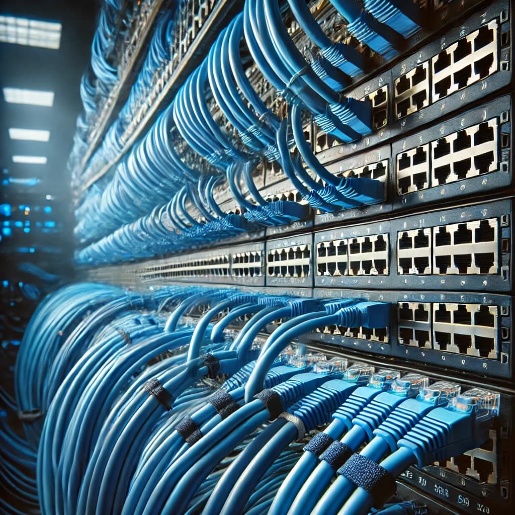 Rack de telecomunicaciones con cableado estructurado ordenado y patch panels etiquetados