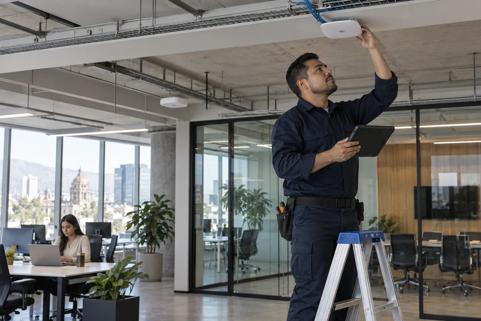 Punto de acceso Wi-Fi corporativo montado en el techo de una nave industrial