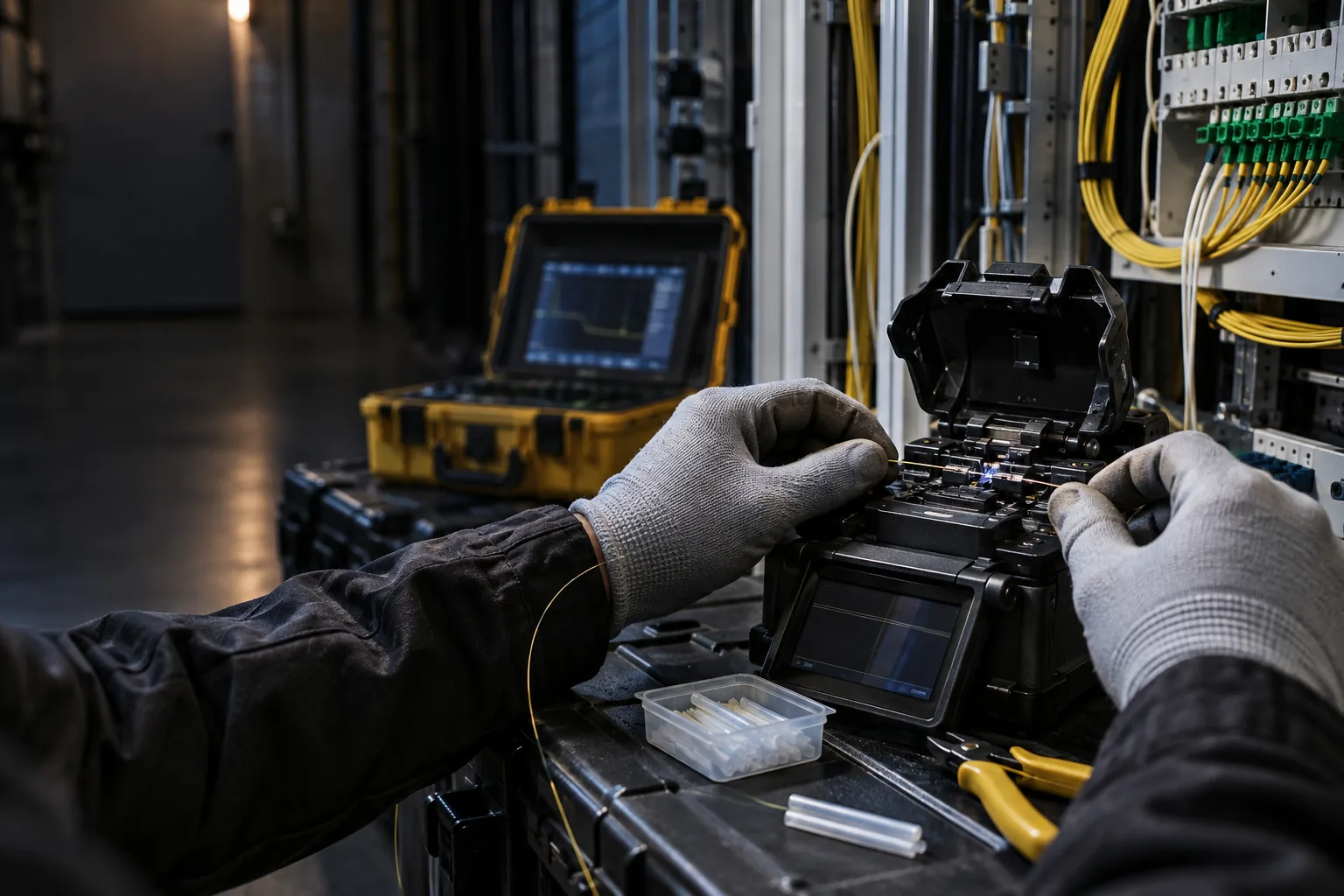 Técnico realizando empalme por fusión en un cable de fibra óptica en campo