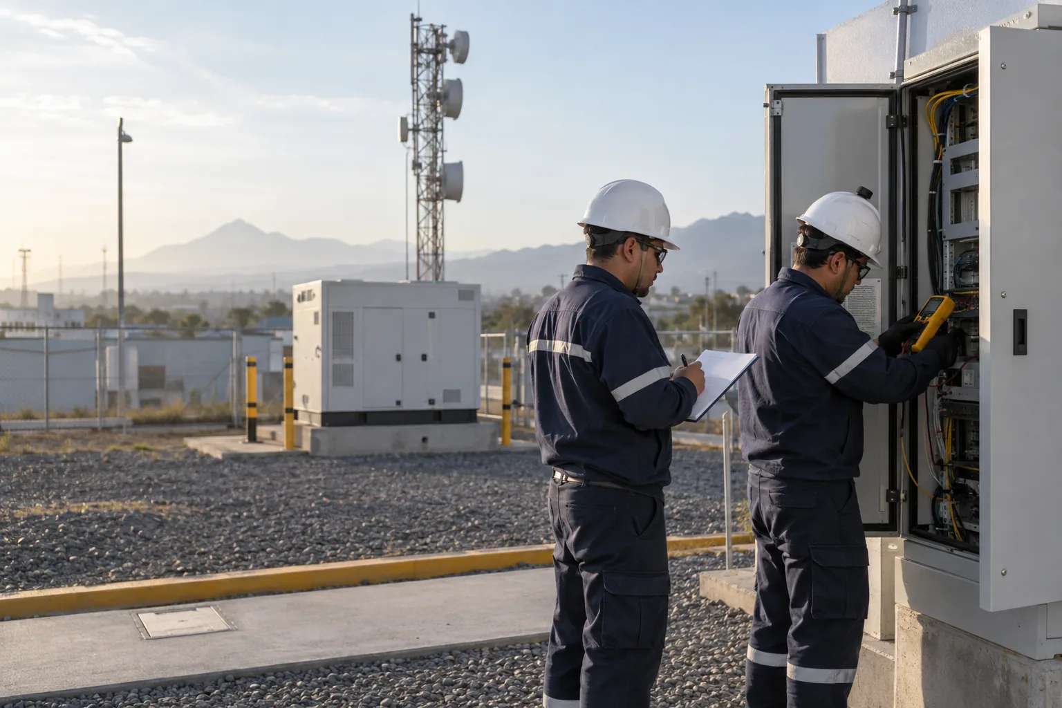 Torre de telecomunicaciones con antenas celulares y de microondas al atardecer