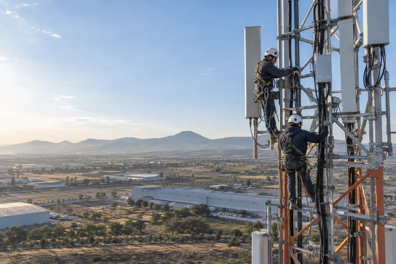 Torre autosoportada de telecomunicaciones con antenas instaladas